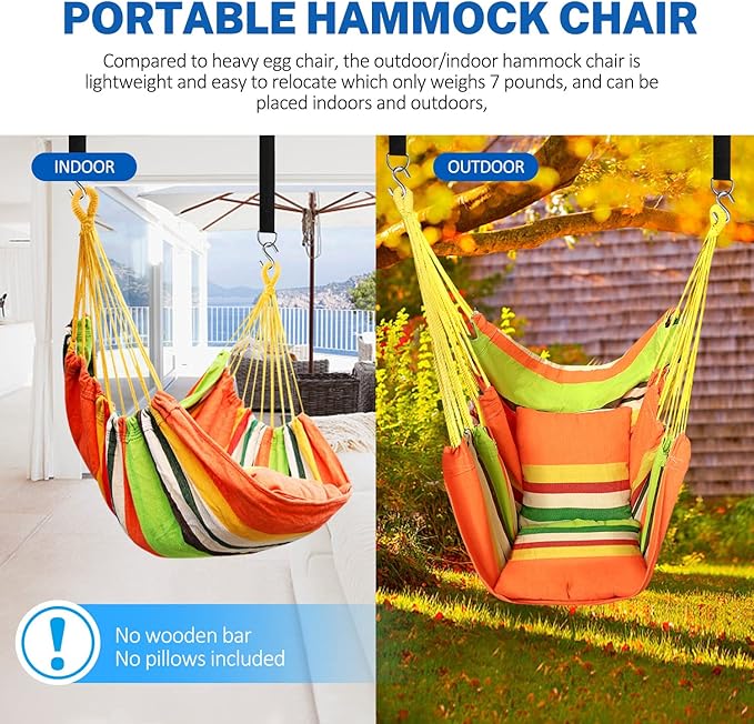 KPX Ourdoor Hanging Hammock Chair – Comfortable Tree Swing Chair Large Size 110X130cm（Without Pillows） - 330 Lbs Weight Capacity (Orange)