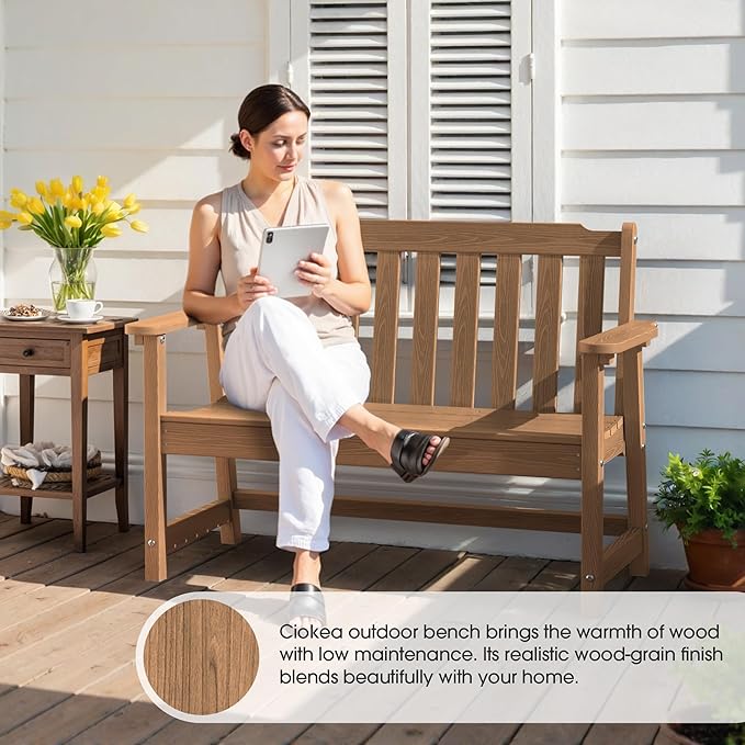 Ciokea 49" Heavy Duty Outdoor Bench, HDPE Weatherproof Porch Benches, Durable 2-Person Garden Benches with 660 Lbs, Waterproof Patio Bench for Outside Balcony Deck Backyard, Teak