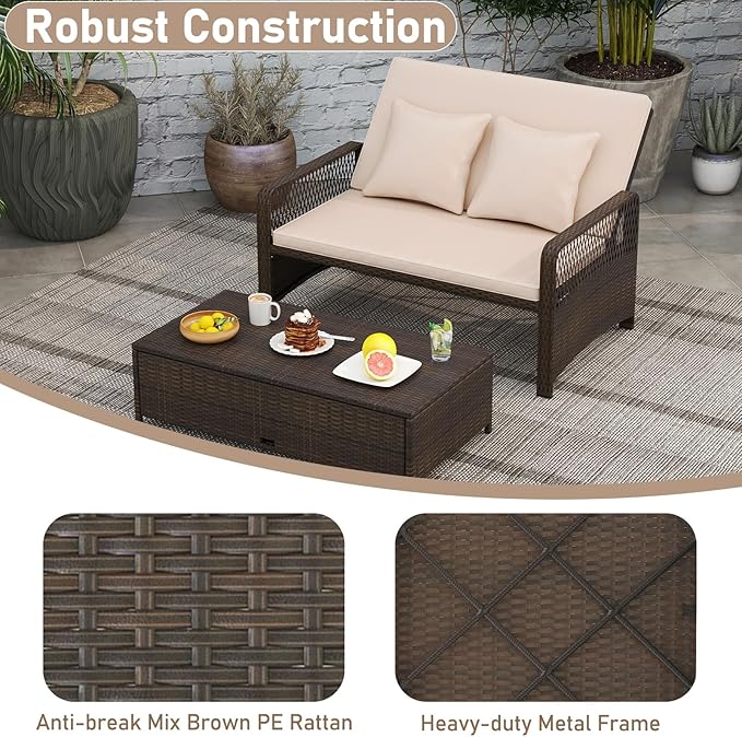 RELAX4LIFE Wicker Patio Outdoor Daybed - Rattan Sunbed Loveseat Sofa Set w/4-Level Adjustable Back, Cushions & Pillows, Storage Ottoman, 2-Person Bed Lounger for Backyard Porch, Patio Daybed (Beige)