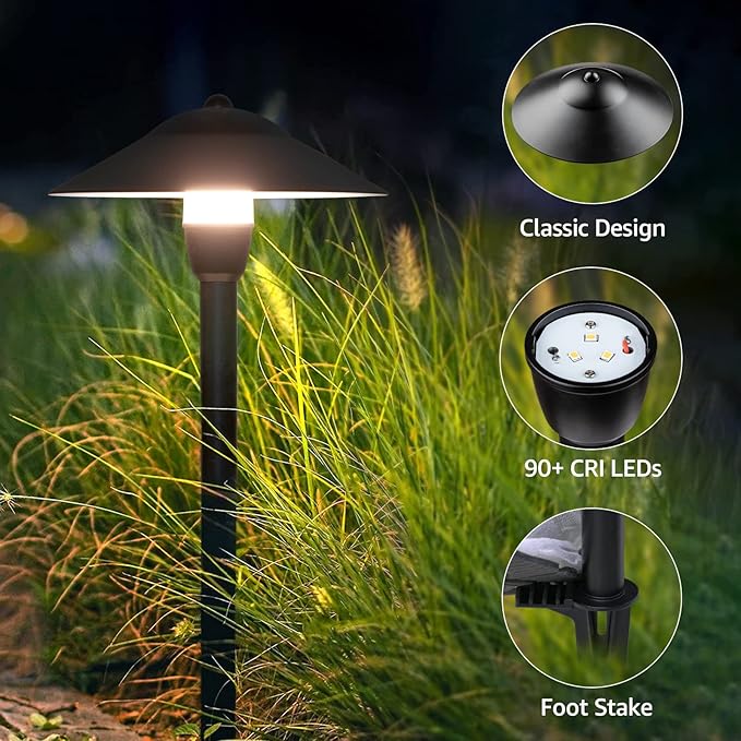 SUNVIE Low Voltage Pathway Lights Wired Path Light Outdoor 3W 12-24V 3000K Waterproof Aluminum LED Landscape Lights with Connector for Garden Walkway Yard - ETL Listed Cord, 8 Pack