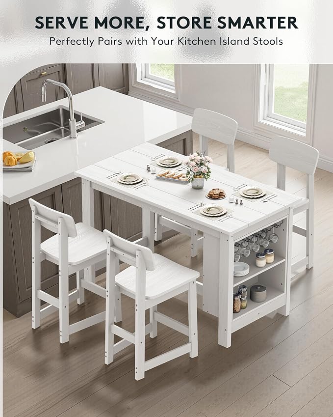 SERWALL 3-Piece Outdoor Counter Height Bar Set, HDPE Patio Bar Table with Wine Rack & Storage Shelf, 2 All-Weather Bar Stools, Patio Bar Dining Furniture Set for 3, White