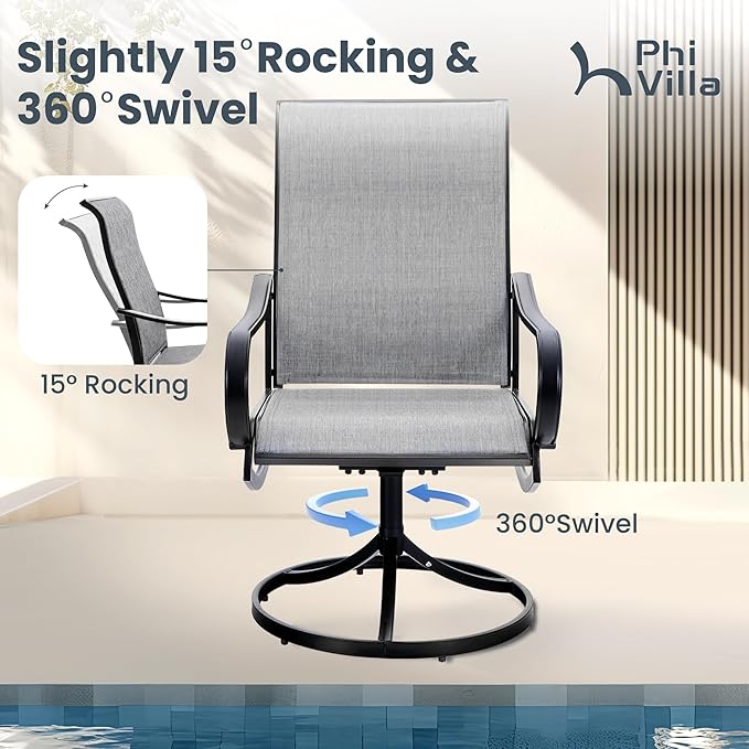 PHI VILLA 9 Piece Outdoor Patio Dining Set, Large Square Metal Dining Table and 8 Outdoor Swivel Dining Chairs, Patio Table and Gray Chair Furniture Dining Set for 8 Person