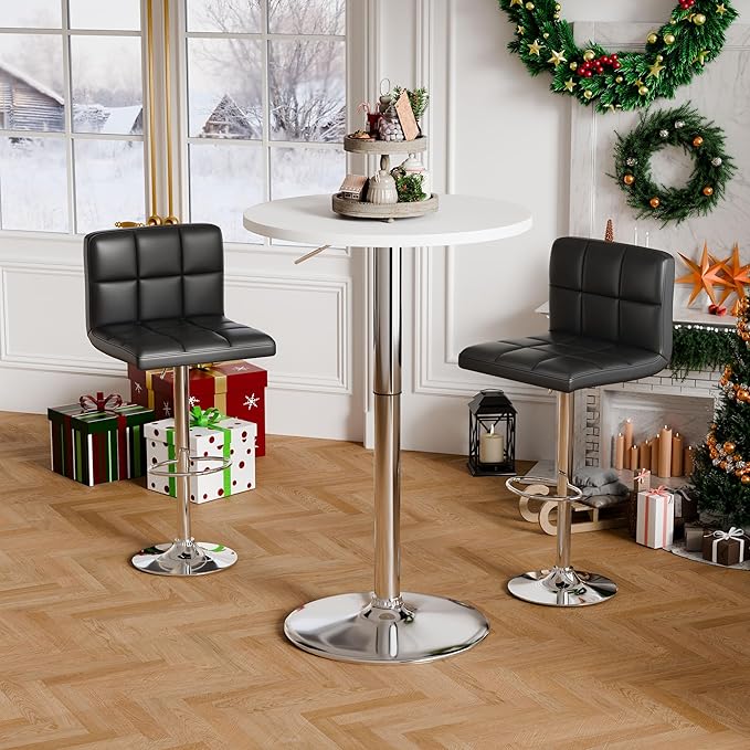 Flamaker Round Bistro Pub Table 23.6 Inch Height Adjustable 360° Swivel Bar Table Metal Base for Pub, Dining Room, Party (2, White-Silver)
