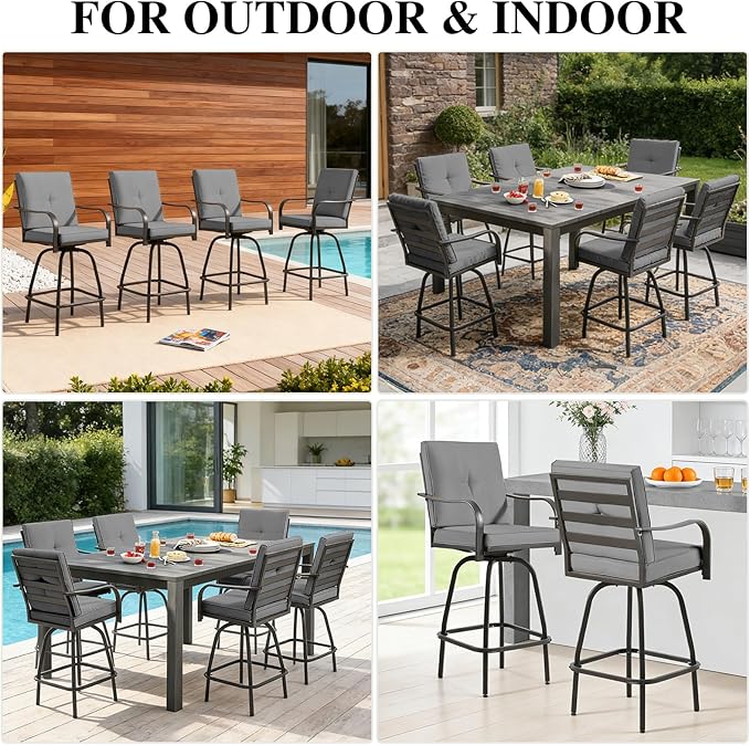 Patio Swivel Bar Stools, Outdoor Bar Height Swivel Chairs Set of 2 with Cushion & All Weather Steel Frame for Backyard, Lawn, Poolside and Balcony, Dark Grey