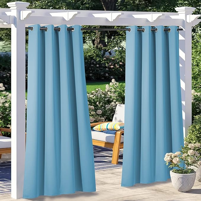 NICETOWN 2 Pieces Outdoor Curtains for Patio Waterproof, Energy Saving Thermal Insulated Stainless Steel Grommet Sunlight Block Privacy Protect for Pool/Porch, W52 x L108, Teal Blue