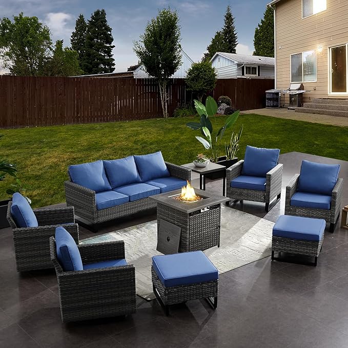 Belord Patio Furniture Set with Fire Pit Table: 9 Pieces Wicker Oversize Patio Conversation Set with Outdoor Swivel Glider Rocker Rattan Couch Ottomans, Anti-Rust Frame, Removable Cushion Blue