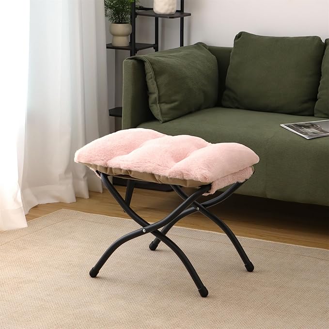 15"(H) Folding Ottoman, Foldable Footrest Stool, Portable Small Foot Stool for Couch, Collapsible Foot Rest Ottoman for Sofa, Accent Padded Ottomans for Living Room, Bedroom, Pink