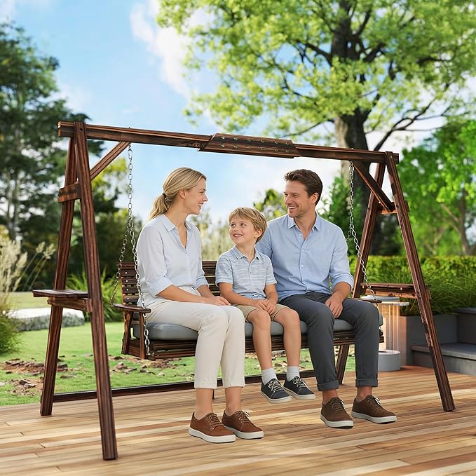 Outsunny 3 Seat Porch Swing with Stand, Wooden Patio Swing Chair with Cushion, Side Trays and Metal Chains, Outdoor Bench for Garden, Poolside, Backyard, Carbonized Brown