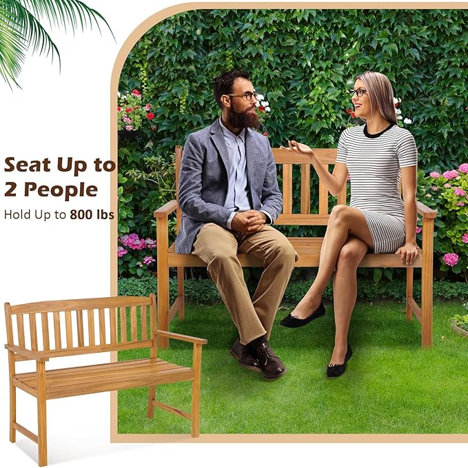 Tangkula Outdoor Acacia Wood Bench, 2-Person Garden Bench with Backrest and Armrests, Garden Bench with Slatted Seat for Porch, Park, Backyard, 800 Lbs Max Load, 43” L x 22” W x 34” H, Natural