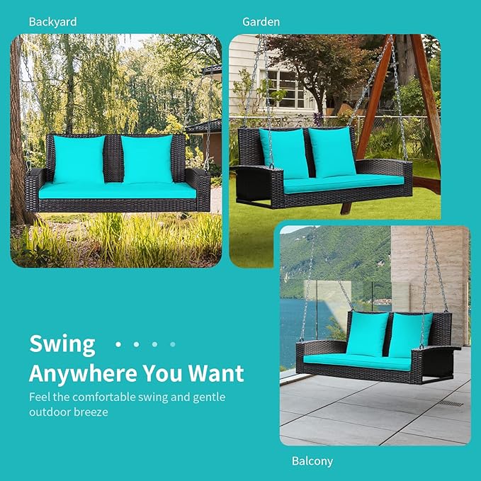 RELAX4LIFE Porch Swing 2-Seat Patio Rattan, Wicker Porch Swings Outdoor W/Two 7.9 Ft Solid Steel Chain, Comfortable Back & Seat Cushions, for Front Porch, Garden, Backyard Patio Swing (Turquoise)