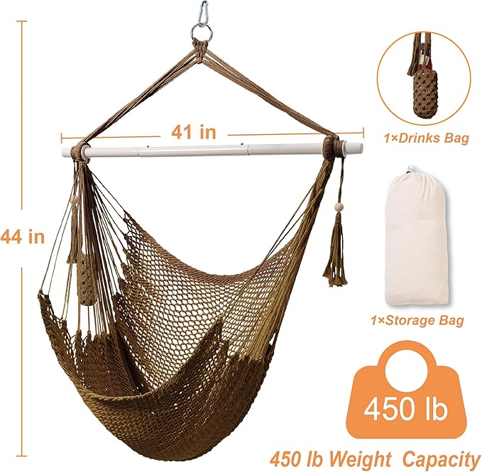Lazy Daze Hammocks Chair Caribbean Hanging Rope Swing Chair, 40" Removable Steel Spreader Bar with Anti-Slip Rings, Soft-Spun Cotton Rope for Indoor/Outdoor Backyard & Living Room, Max 500 LBS, Tan