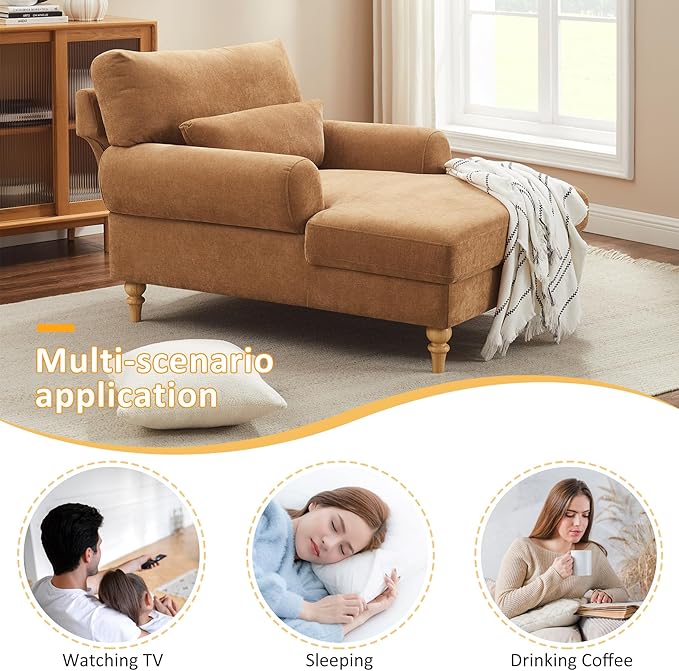 Modern Chaise Lounge Chair with Adjustable Backrest, Upholstered Indoor Leisure Sofa Recliner, Oversized Accent Chair Deep Seat Reading Armchair for Living Room, Bedroom, Office, Light Curry