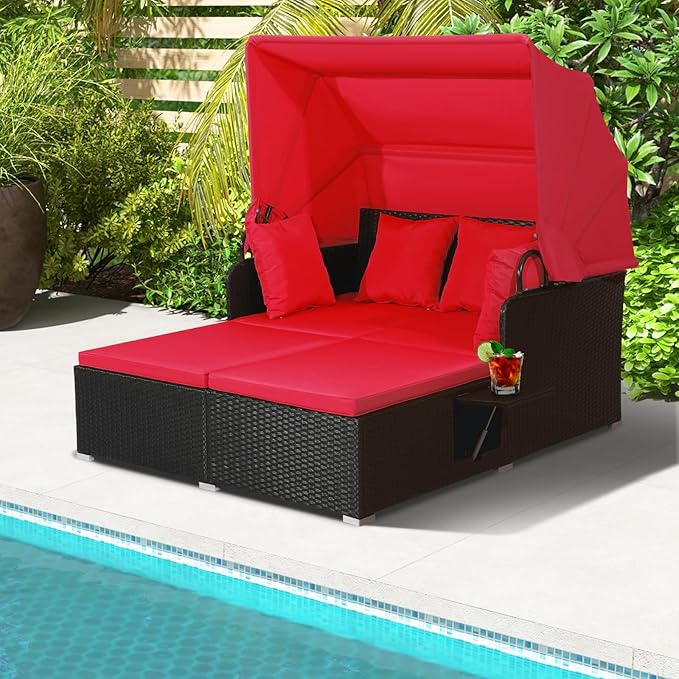 ORALNER Outdoor Daybed, 2-Person Wicker Patio Sofa with Retractable Canopy, Cushions & Pillows, 2 Side Trays, PE Rattan Double Sunbed Lounger for Deck Poolside Backyard Garden Balcony (Red)