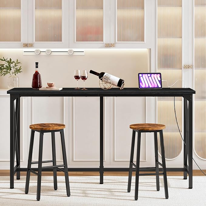 63'' Bar Table, Kitchen Dining Table with Power Outlet and Footrest, Industrial Style, for Pub, Living Room, Black TBT07UBB