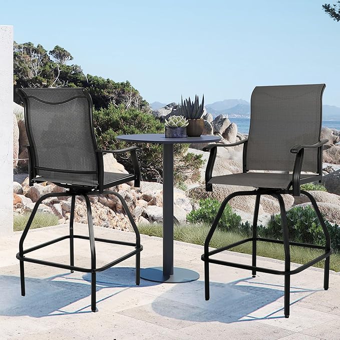 LEVELEVE Patio Bar Set 4pcs Swivel Bar Stools Outdoor Bistro Textilene Furniture Stability All-Weather Set (Grey Fabric)