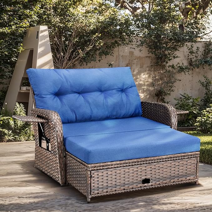 Patio Rattan Daybed, Wicker Recliner Loveseat for Two with Multifunctional Recliner and Stowable Side Tray, 5 Level Adjustable Backrest (Brown Wicker/Blue Cushion)