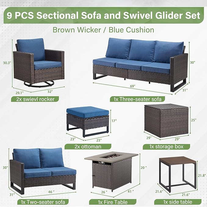 Belord Outdoor Sectional Sofa with 41" Propane Fire Pit Table - 9 Piece Patio Conversation Set with Storage Box and Swivel Rocker Chairs All-Weather PE Wicker Furniture Set Brown