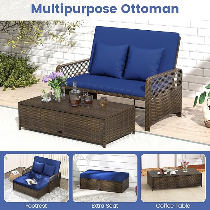 Moccha Outdoor Daybed, Rattan Loveseat Sofa with 4-Level Adjustable Back, Cushions, Storage Ottoman, Pillows, Wicker Sunbed, 2-Person Bed Lounger for Backyard Porch Pool Patio Furniture Set (Navy)