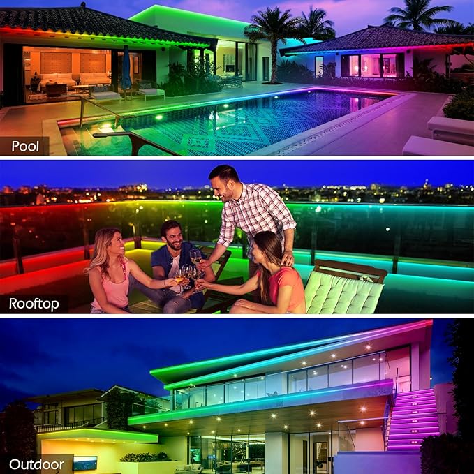 AILBTON 500ft Outdoor LED Strip Lights Waterproof,IP68 Outside Led Light Strips Waterproof with Bluetooth App Remote Control,Music Sync RGB Exterior Led Rope Lights,for Balcony,Deck,Roof,Garden,Pool