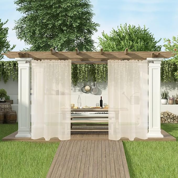 SpaceDresser Waterproof Outdoor Sheer Curtains for Patio - 2 Panels Rod Pocket Indoor Voile Sheer Curtain for Living Room,100W x 120L inch, Ivory