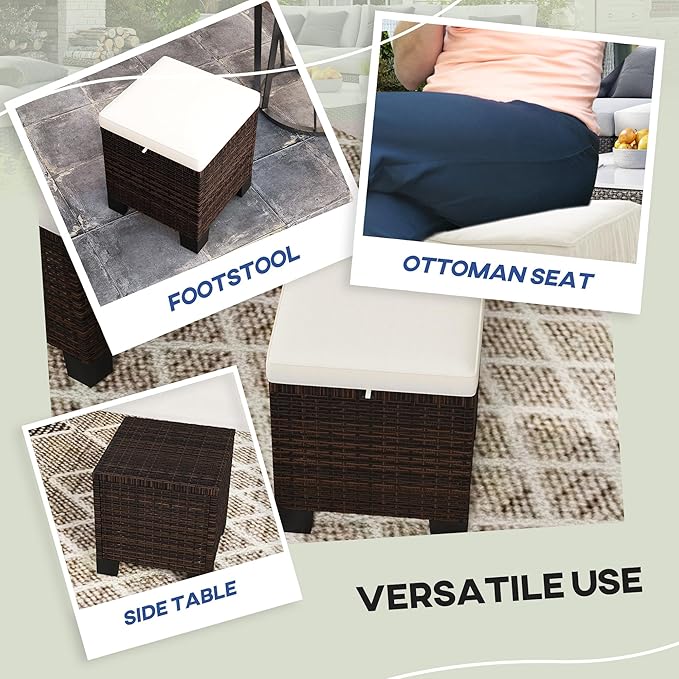 Outsunny 2 Pieces Outdoor Patio Ottomans, All Weather Wicker Outdoor Footstools with Removable Cushions, 3-in-1 PE Rattan Ottoman Seat, Footrest and Side Table for Backyard, Poolside, Beige
