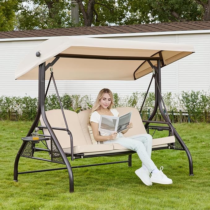 Upgrade 180° Convertible Outdoor Swing for Adults, Outdoor Porch Swing with Stand 800lb Bearing Capacity, 3-Seat Outdoor Swing with Canopy Adjustable, Thickened Cushions (Round, Khaki)