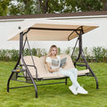 Upgrade 180° Convertible Outdoor Swing for Adults, Outdoor Porch Swing with Stand 800lb Bearing Capacity, 3-Seat Outdoor Swing with Canopy Adjustable, Thickened Cushions (Round, Khaki)