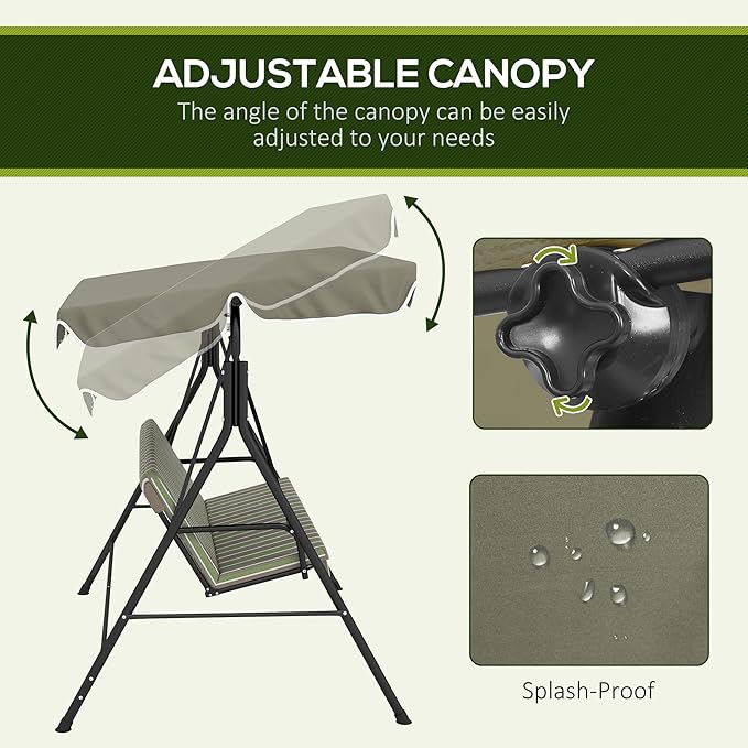 Outsunny 3-Seat Outdoor Patio Swing Chair with Removable Cushion, Steel Frame Stand and Adjustable Tilt Canopy for Patio, Garden, Poolside, Balcony, Backyard, Beige & Green