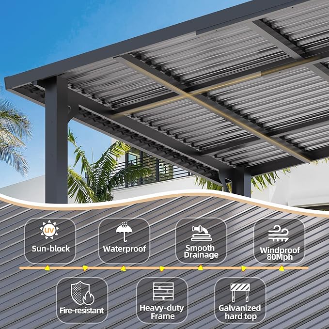 AECOJOY 20'x8' Outdoor Hardtop Metal Gazebo with Curtains and Netting for Patio, Large 8x20 Lean to Heavy Duty Wall Mounted Pergolas and Grill Gazebos Clearance, Patio Steel Roof Awnings for Decks