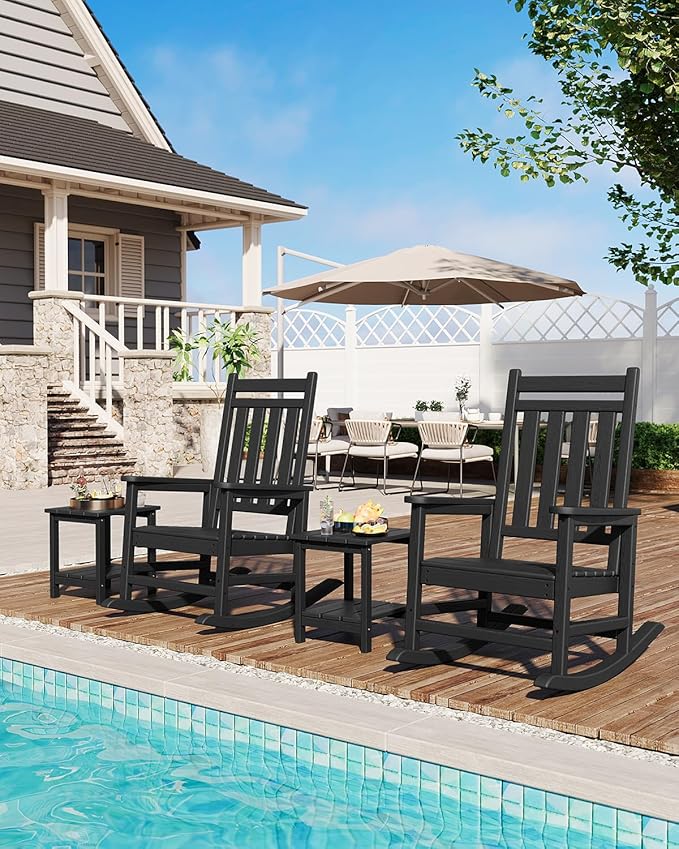 GarveeLife Poly Lumber Rocking Chair Outdoor Set of 4 with 2 Side Table - HDPE High Back Porch Rocker Chairs for Adults - All Weather Resistant Furniture for Patio - Black