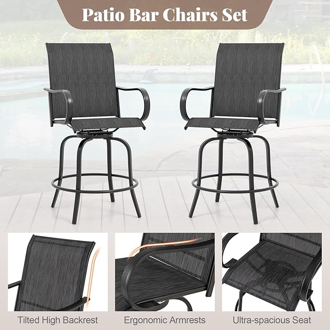 Giantex Set of 2 Swivel Outdoor Bar Stools, All-Weather Bar Height Patio Chairs, 330LBS Capacity, 360 Rotating Outside Bar Chairs with High Back Armrests, for Porch Yard Lawn Garden Pool (Black)