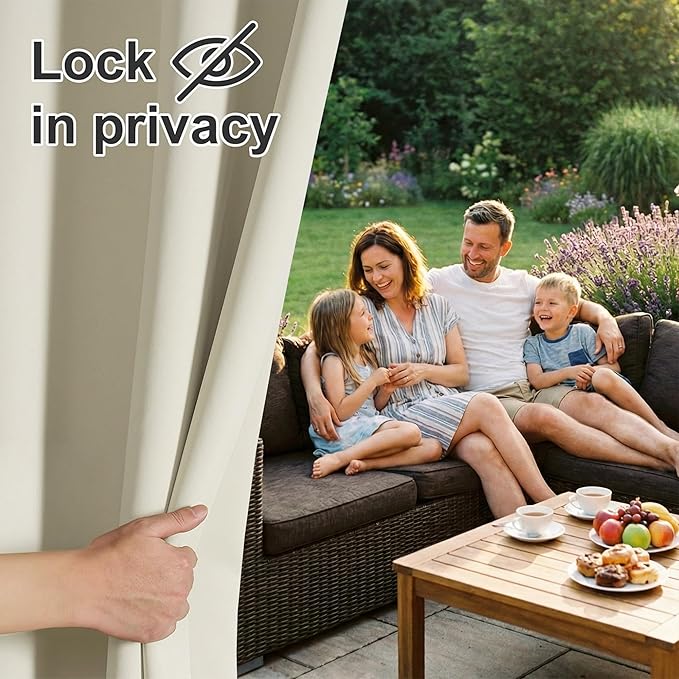 RYB HOME Outdoor Curtains for Patio Waterproof Block Sunlight Thermal Insulated Privacy Assured Thick Outside Curtains for Porch, Gazebo, Pergola, W84" x L95", Beige, 1 Panel