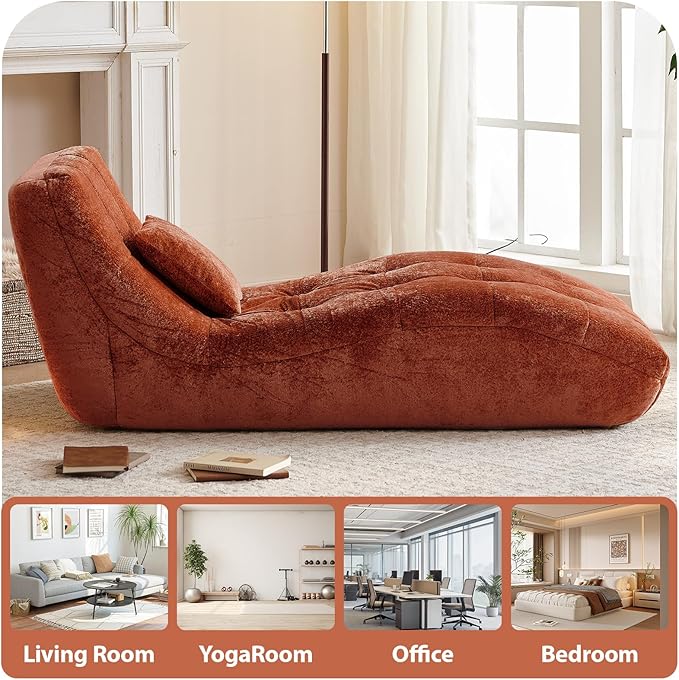 Chaise Lounge Chair with Curved Back, Modern Upholstered Recliner Sofa, Tufted Accent Lounger Comfortable Lazy Chair for Bedroom, Apartment (Orange)