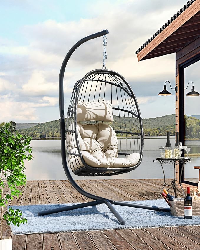 FREDEES Egg Swing Chair with Stand, Outdoor Hanging Egg Chair with Cushion for Patio/Porch/Balcony/Indoor (Beige)
