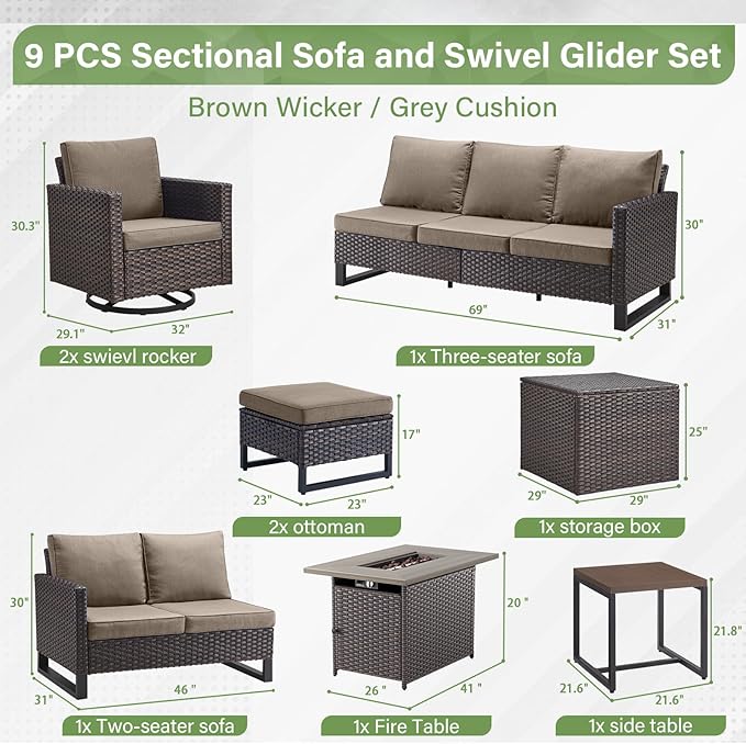 Belord Outdoor Sectional Sofa with 41" Propane Fire Pit Table - 9 Piece Patio Conversation Set with Storage Box and Swivel Rocker Chairs All-Weather PE Wicker Furniture Set Brown