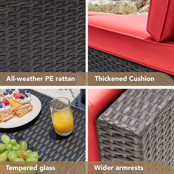 Devoko Patio Furniture Sets 6 Pieces Outdoor Sectional Rattan Sofa Manual Weaving Wicker Patio Conversation Set with Glass Table and Cushion (Red)
