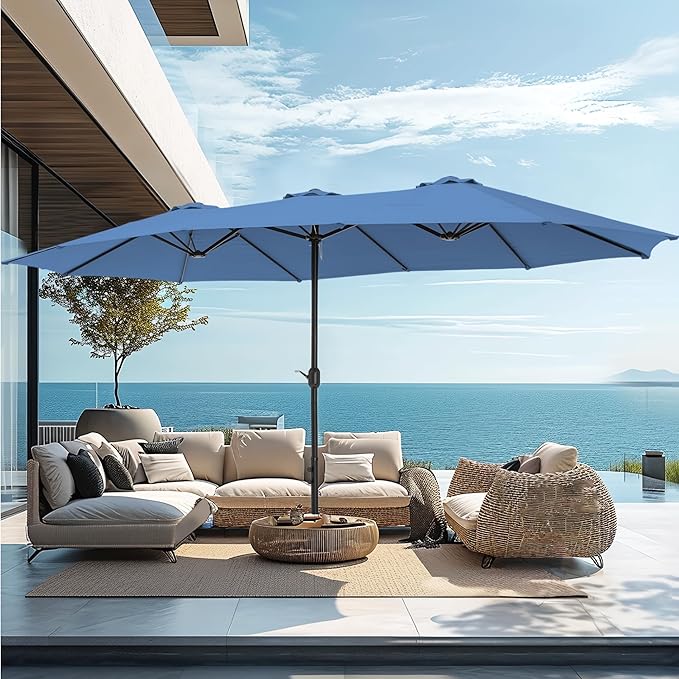 PHI VILLA 15ft Large Patio Umbrellas with Base, Outdoor Double-Sided Rectangle Market Umbrella for Pool Lawn Garden, Haze Blue