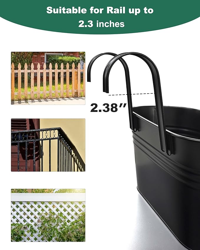 Metal Railing Planters for Outdoor Plants - 5 Pcs Balcony Hanging Flower Pots with Detachable Hooks & Drain Holes, Windowsill Oval Hanging Bucket Pots Fence Planters for Garden Home Decor, Black