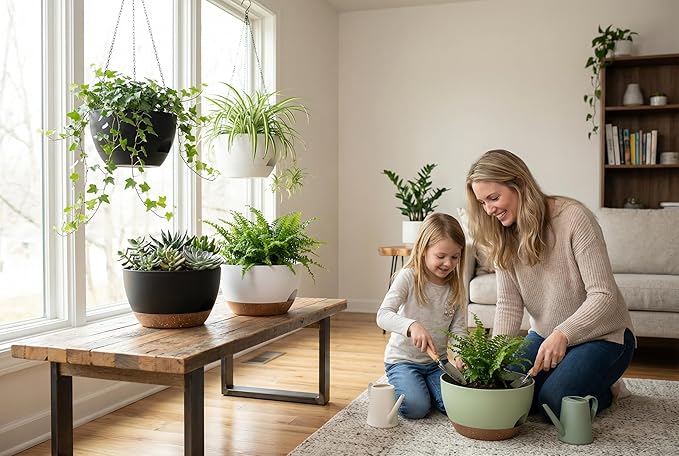 Hanging Planters 3-Pack, 8 Inch Self-Watering Hanging Pots with Drainage Hole and Chains, Plastic Planters for Indoor Outdoor（Black）