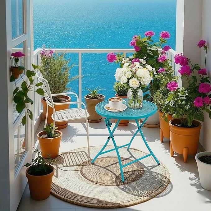 TeoKJ Folding Outdoor Side Tables, Anti Rust Small Patio Table Round Metal Nightstand with Flower Cutouts for Porch Yard Balcony Deck Lawn, Blue