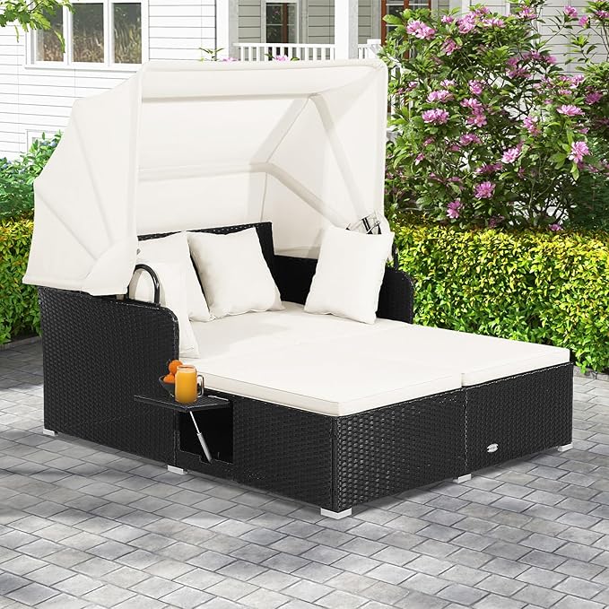 ORALNER Outdoor Daybed, 2-Person Wicker Patio Sofa with Retractable Canopy, Cushions & Pillows, 2 Side Trays, PE Rattan Double Sunbed Lounger for Deck Poolside Backyard Garden Balcony (Off-White)