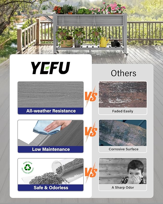 YEFU Raised Garden Bed with Legs: 57x18x30in Weight Capacity 400lb - Waterproof Raised Planter Box with Wheels - Elevated Garden Bed with Storage Shelf - Weather Resistant - for Deck/Patio/Porch/Grey