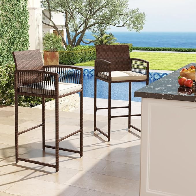 Tangkula Patio Bar Stools Set of 2, PE Rattan Bar Height Chairs with Backrests, Armrests, Footrests & Soft Cushions, Outdoor High Top Barstools with Metal Frames for Backyard (2 Pack)