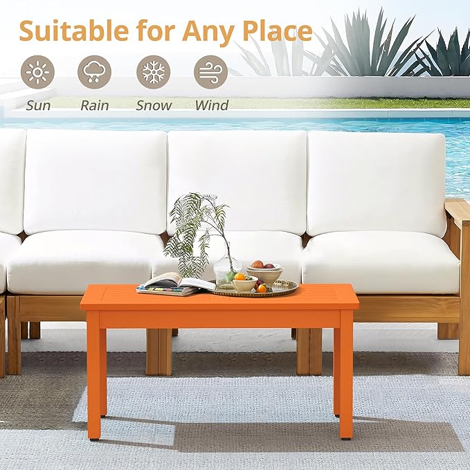 LUE BONA Outdoor Coffee Table Rectangle, HDPS Patio Coffee Tables for Outside, All Weather Patio Coffee Table with Slatted Tabletop for Deck, Garden, Balcony, Indoor or Outdoor Use, Orange
