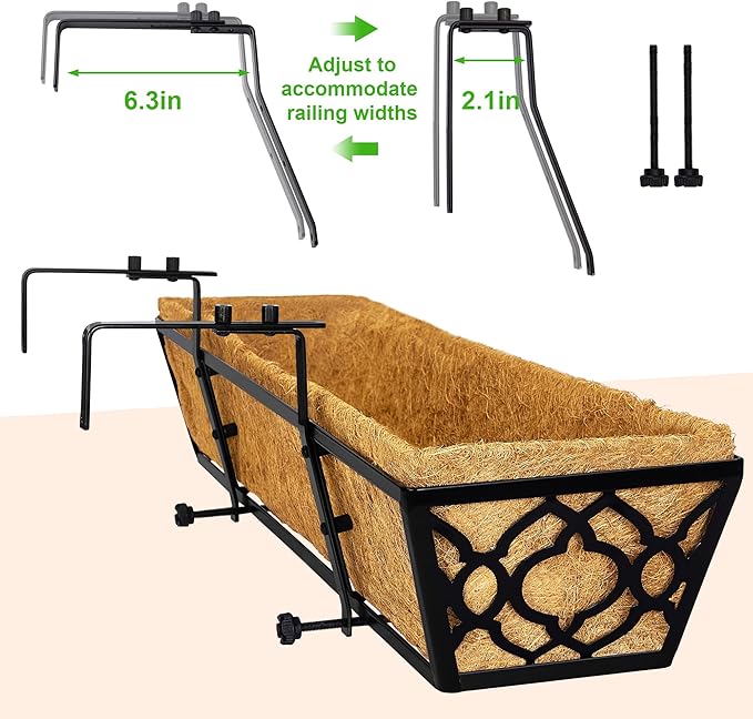 Y&M 6pcs 24 Inch Window Deck with Coco Liner, Fence Metal Hanging Flower Planter Window Basket Deck Railing Planter Boxes for Outdoor Garden Lawn