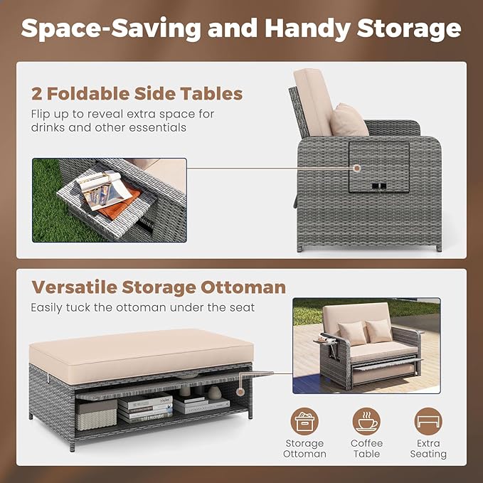 HAPPYGRILL Patio Rattan Wicker Daybed with Loveseat & Storage Ottoman, Outdoor Lounge Sofa Furniture Set with Adjustable Backrest & Side Trays, for Poolside Deck Porch Lawn (Mix Grey & Beige)