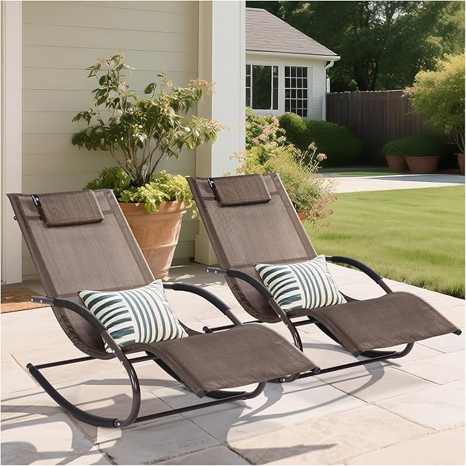 Lounge Chairs, Chaise Lounges with Detachable Pillow for Patio, Lawn, Pool, Outdoor Lounge Chairs Set of 2, Brown
