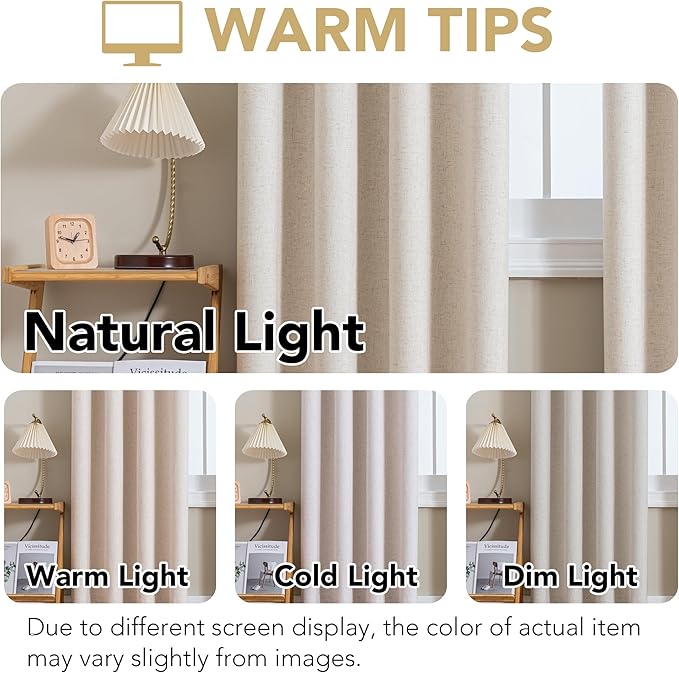 H.VERSAILTEX Linen Curtains 100% Blackout Curtains for Bedroom 54 inch Long Full Light Blocking Nature Linen Blended Window Curtains for Living Room Nickel Grommet (2 Panels, Heathered Natural)