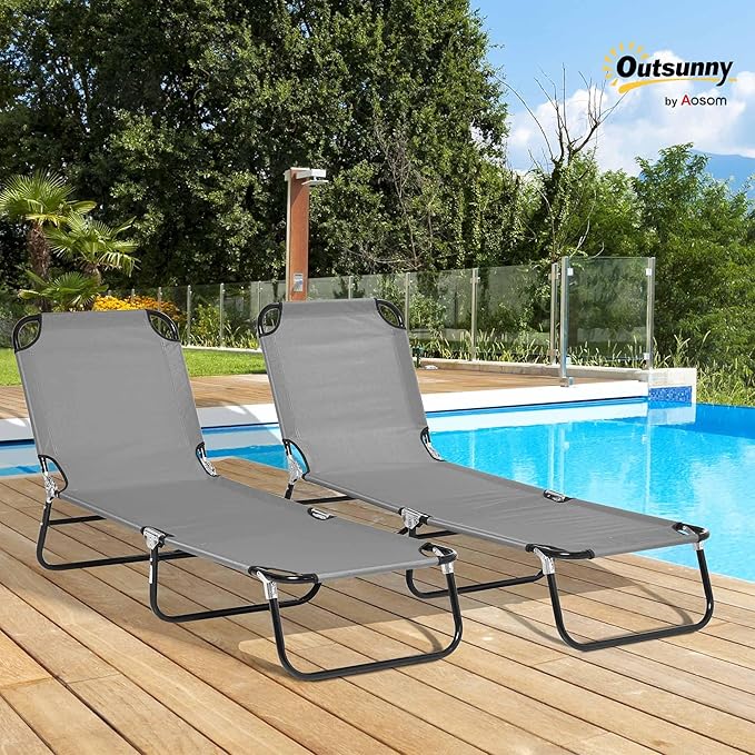 Outsunny 2 Piece Folding Chaise Lounge Pool Chairs, Outdoor Sun Tanning Chairs with 5-Level Reclining Back, Steel Frame for Beach, Yard, Patio, Dark Gray