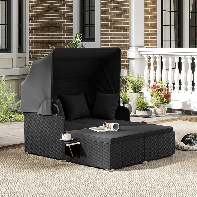 ORALNER Outdoor Daybed, 2-Person Wicker Patio Sofa with Retractable Canopy, Cushions & Pillows, 2 Side Trays, PE Rattan Double Sunbed Lounger for Deck Poolside Garden Balcony (Black)